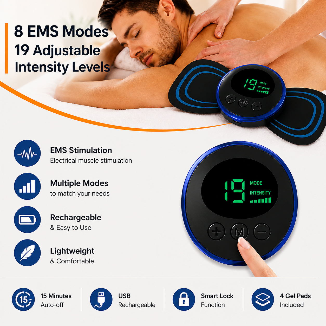 EMS massageenhet med 8 EMS-program, 19 intensitetsnivåer och uppladdningsbar design.