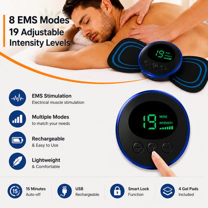 EMS massageenhet med 8 EMS-program, 19 intensitetsnivåer och uppladdningsbar design.