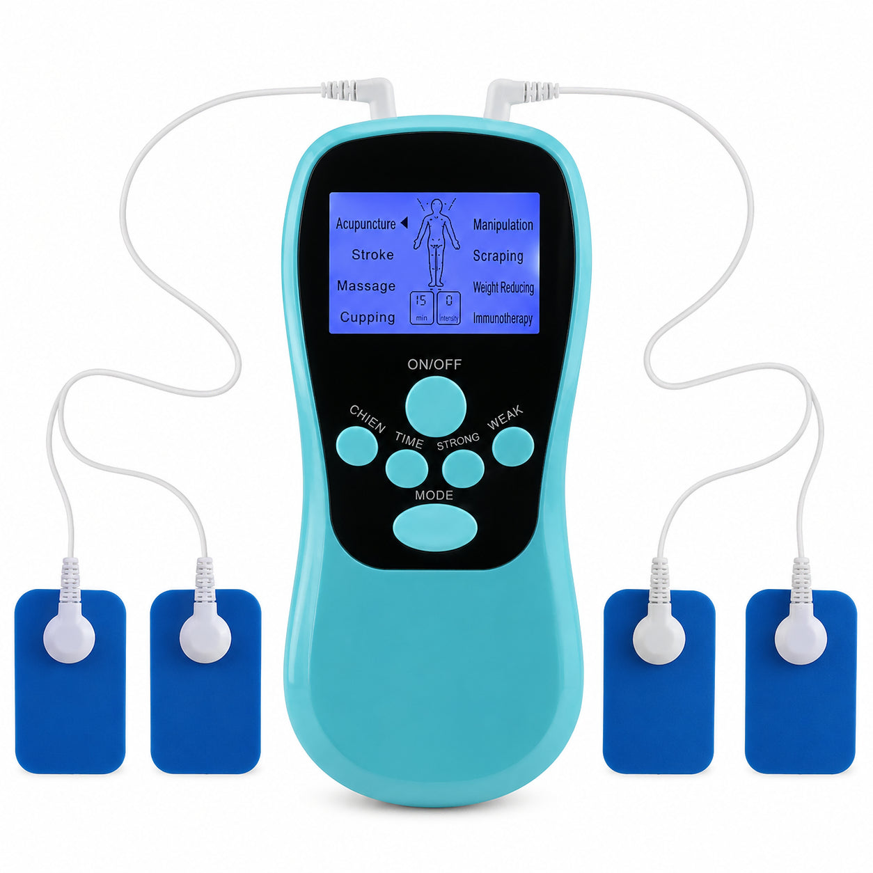 EMS massageapparat med fyra självhäftande elektrodpads och justerbara program.