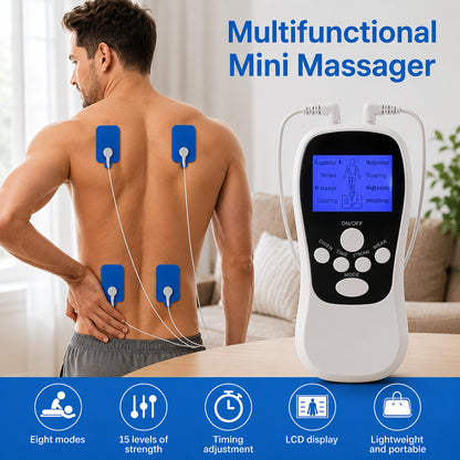 EMS massageapparat med fyra elektrodpads placerade på ryggen, flera program och justerbar intensitet.