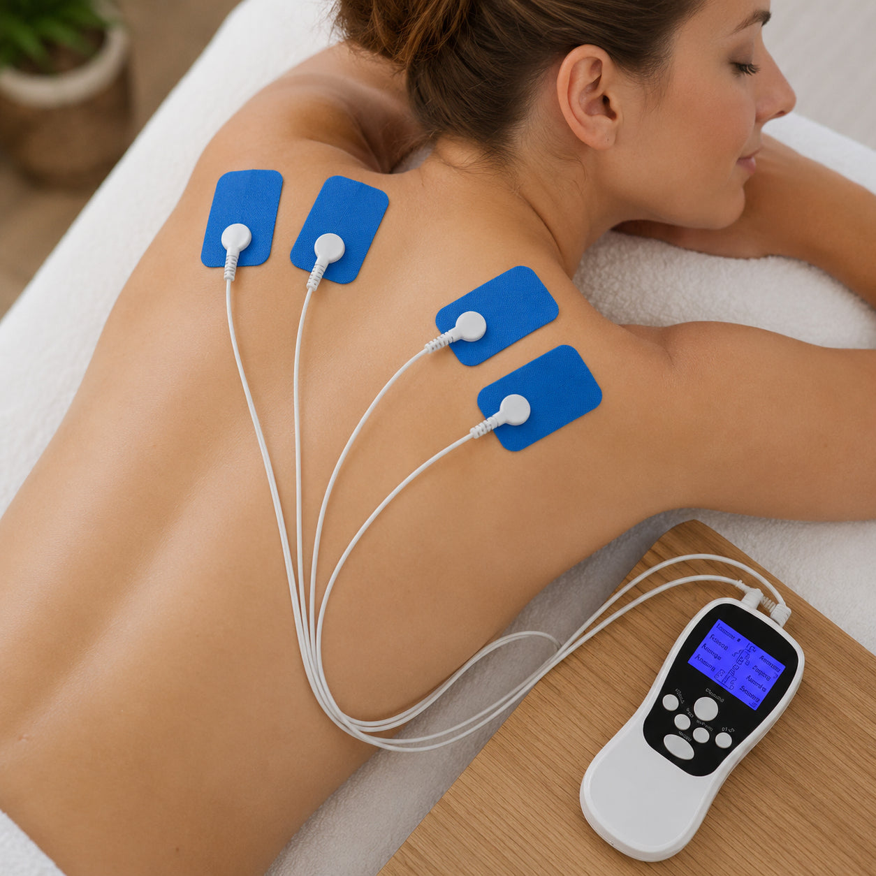 EMS massageapparat med fyra elektrodpads placerade på ryggen för elektrisk muskelstimulering.