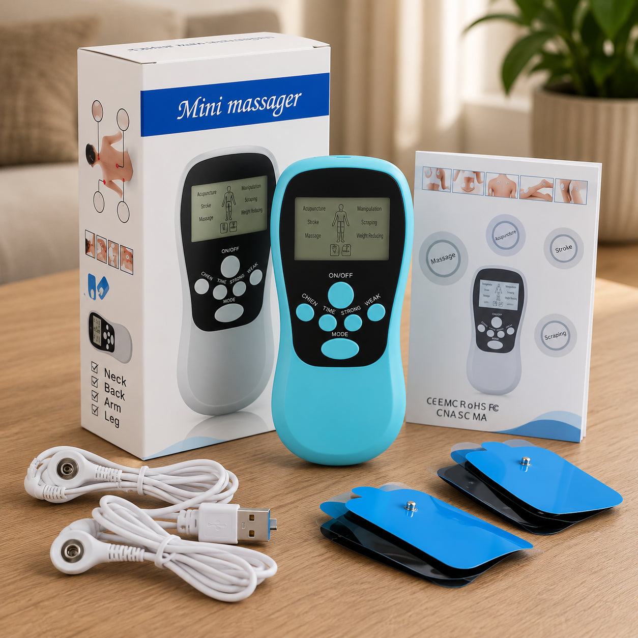 EMS massageapparat med elektrodpads, anslutningskablar, manual och förpackning.