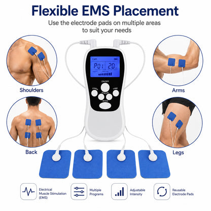 EMS massageapparat med elektrodpads för placering på axlar, rygg, armar och ben.