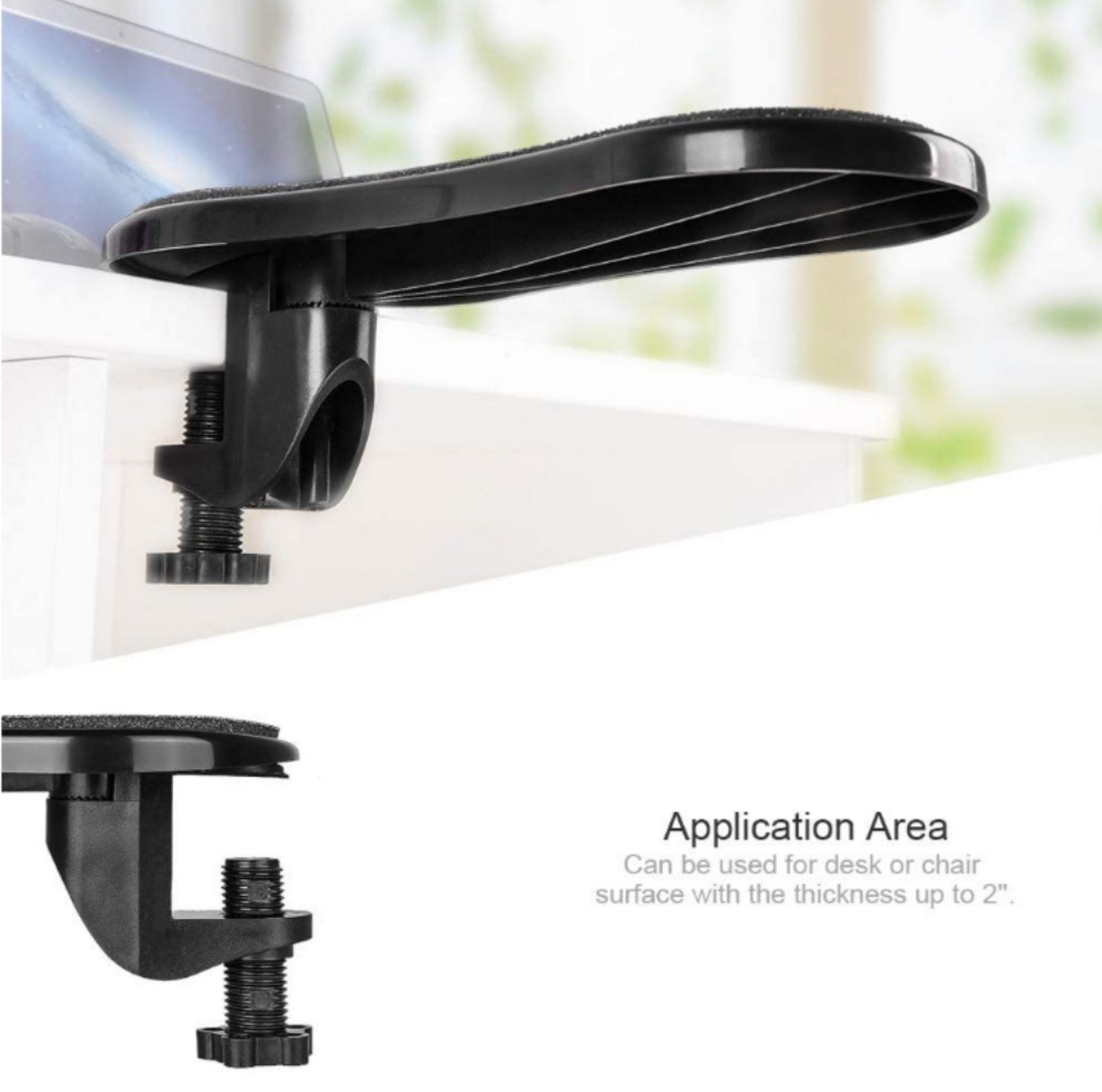 Armbågsstöd för skrivbord med justerbar klämma, monterad på bordskant.