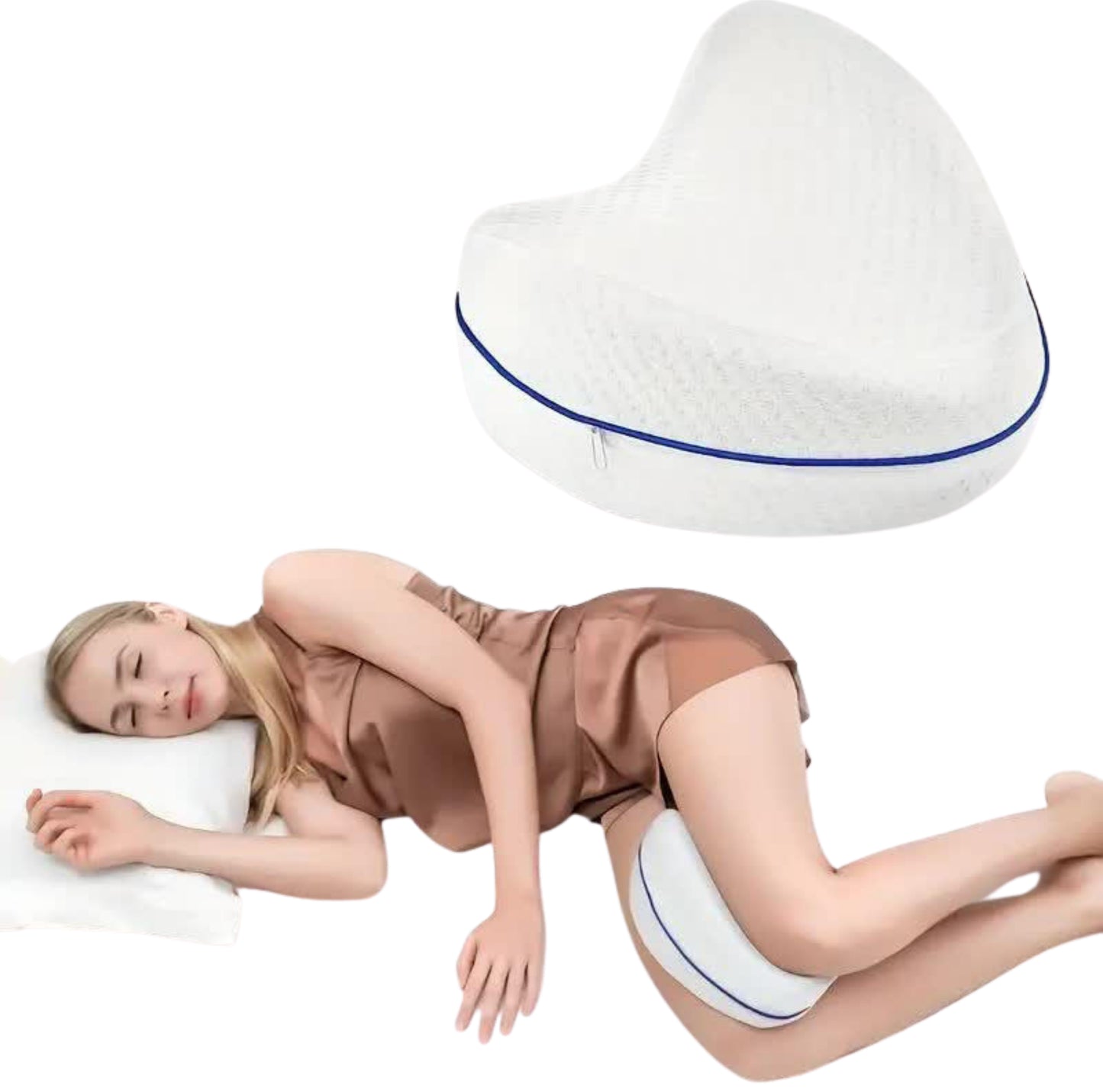 Ergonomisk benstödskudde i minnesskum, visad separat och placerad mellan benen vid sidoläge.