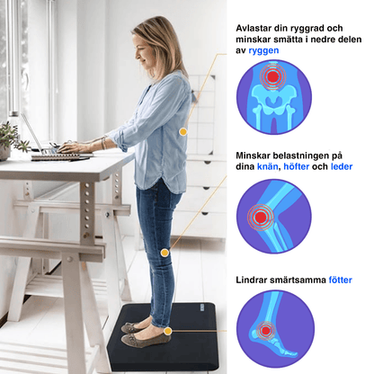Person som står vid höj- och sänkbart skrivbord på ergonomisk matta som avlastar rygg, knän och fötter.