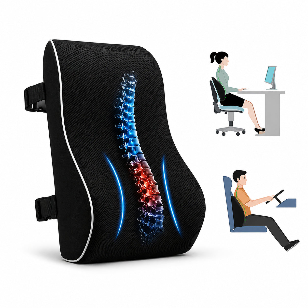 Ergonomiskt ryggstödskudde för bättre hållning och ländryggsstöd.