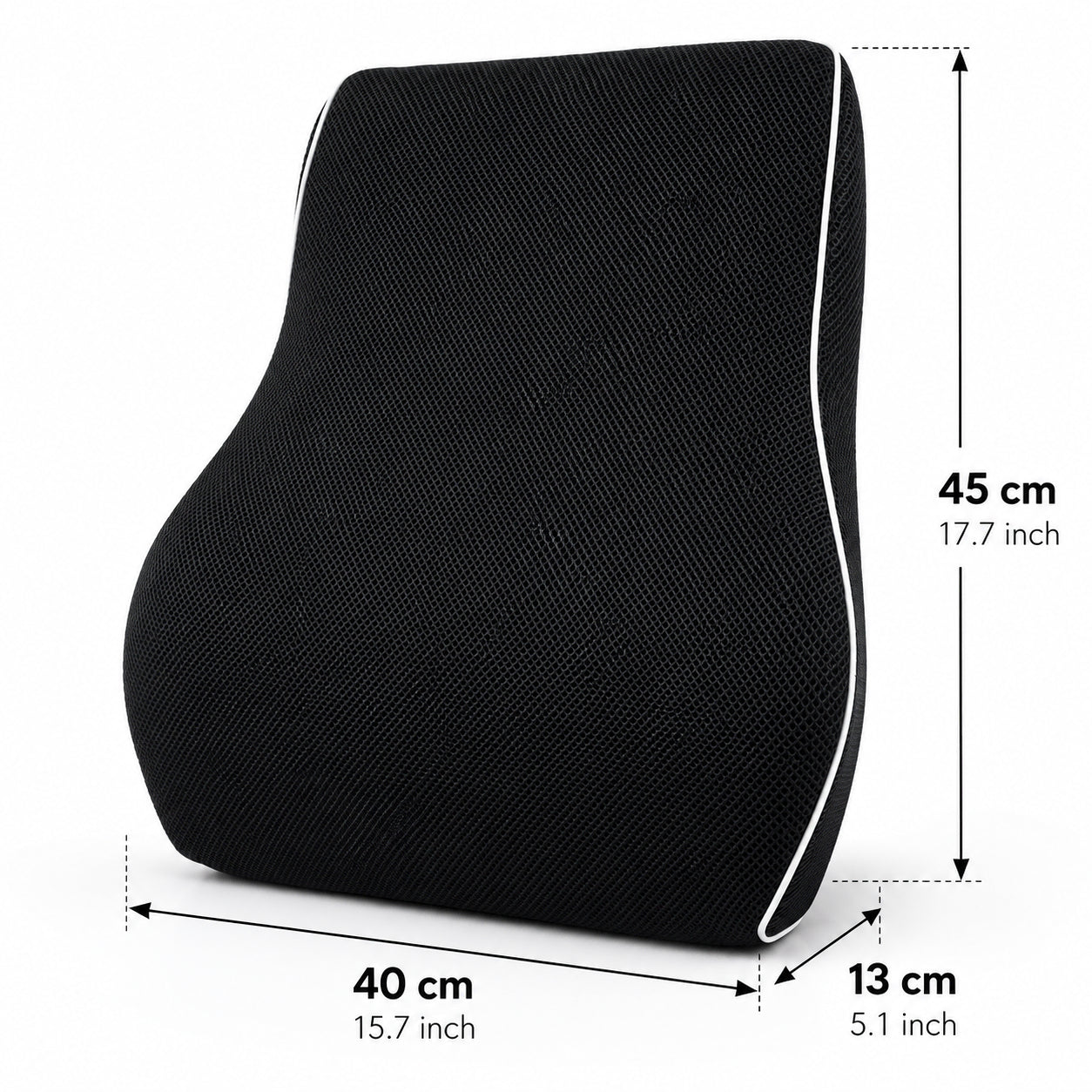 Ergonomisk ryggstödskudde med mått och storleksguide.