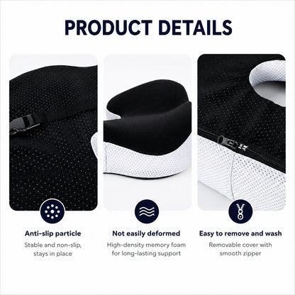 Detaljbilder som visar halkskydd, formstabil memory foam och avtagbart överdrag med dragkedja på den ergonomiska sittdynan