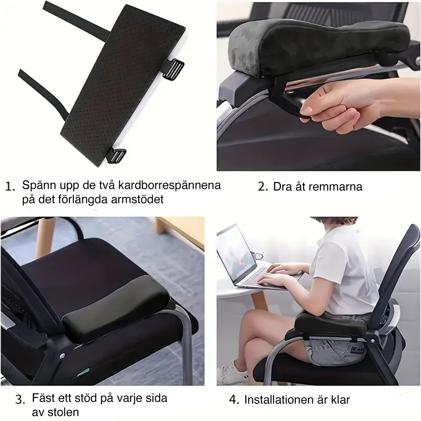 Instruktionsbild som visar hur ergonomiska armstödskuddar med kardborre monteras på kontorsstol steg för steg