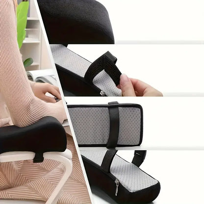 Ergonomiska armstödskuddar i minnesskum med kardborre, visade i närbild och i användning på kontorsstol