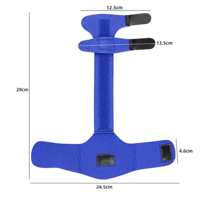 Storleksbild av fingerskena med handledsstöd som visar längd, bredd och remmått.