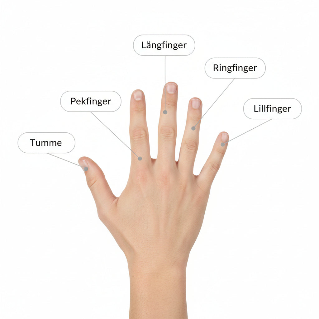 Illustration av en hand med namngivna fingrar: tumme, pekfinger, långfinger, ringfinger och lillfinger