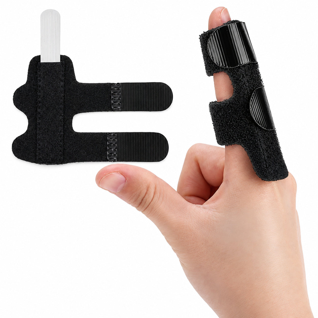 Justerbart fingerstöd med kardborreband och inbyggt stabiliserande stöd, visat på ett finger.