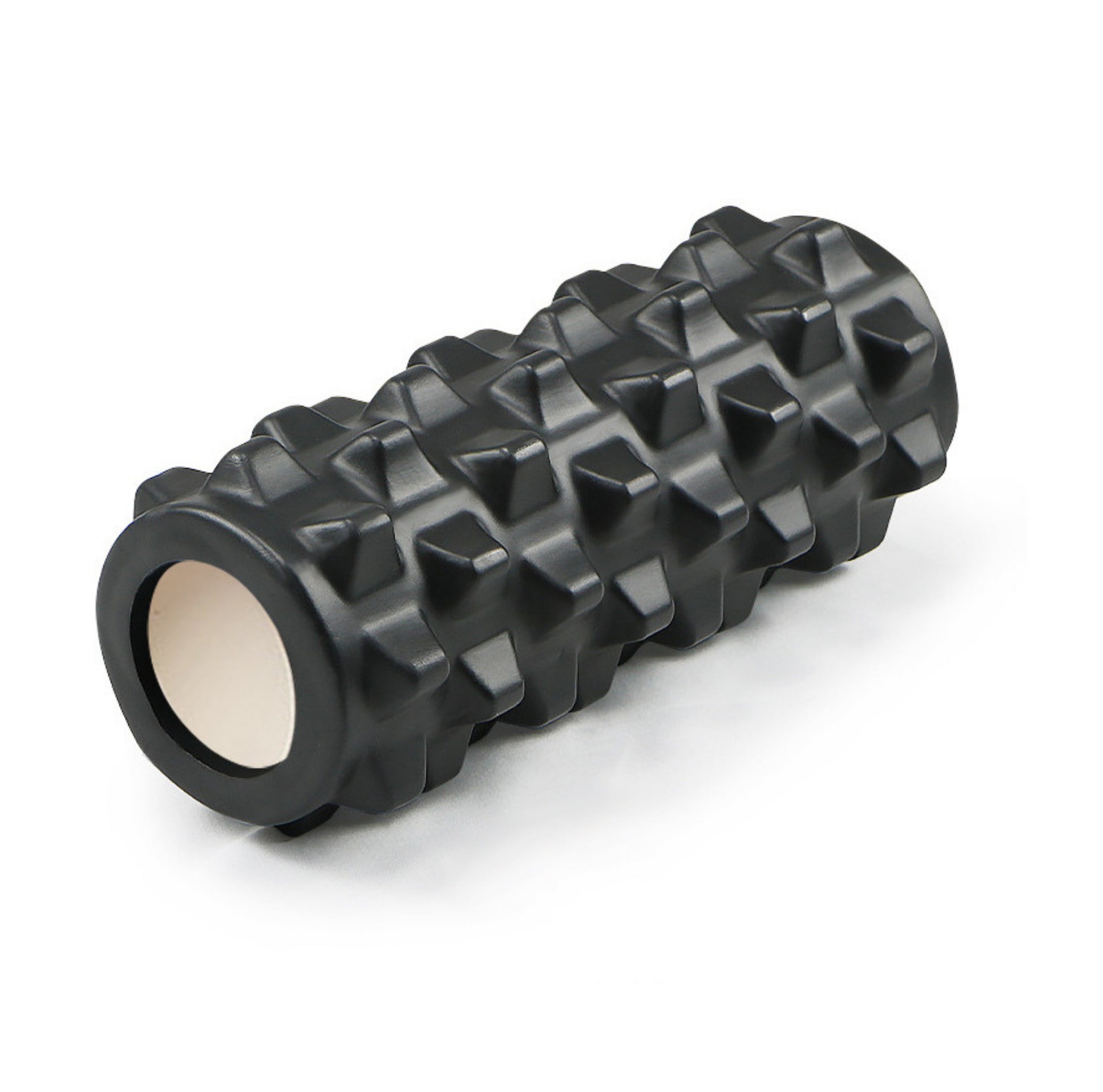 Svart foam roller med strukturerad yta för muskelmassage.
