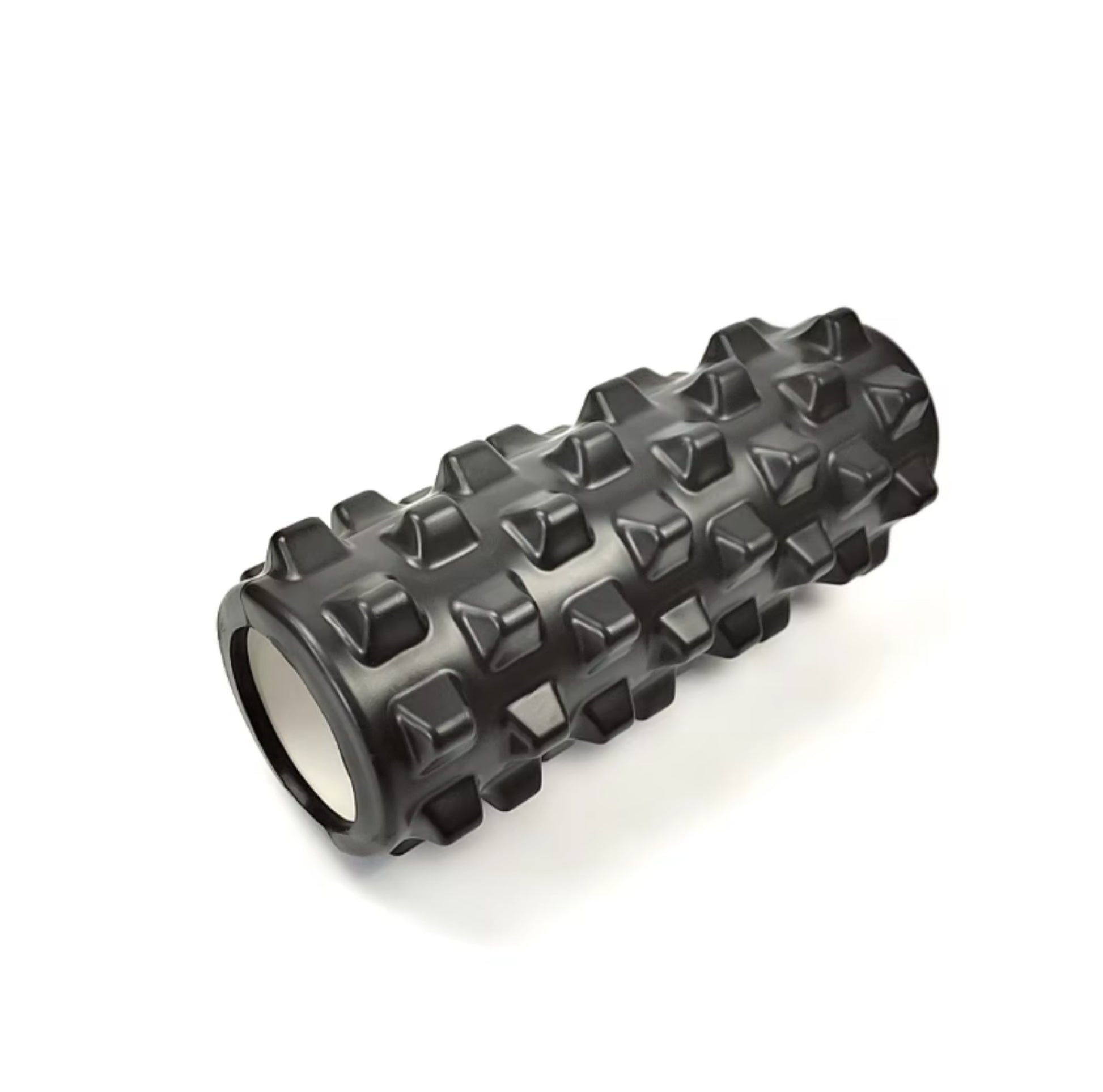 Svart foam roller med strukturerad yta, liggande.