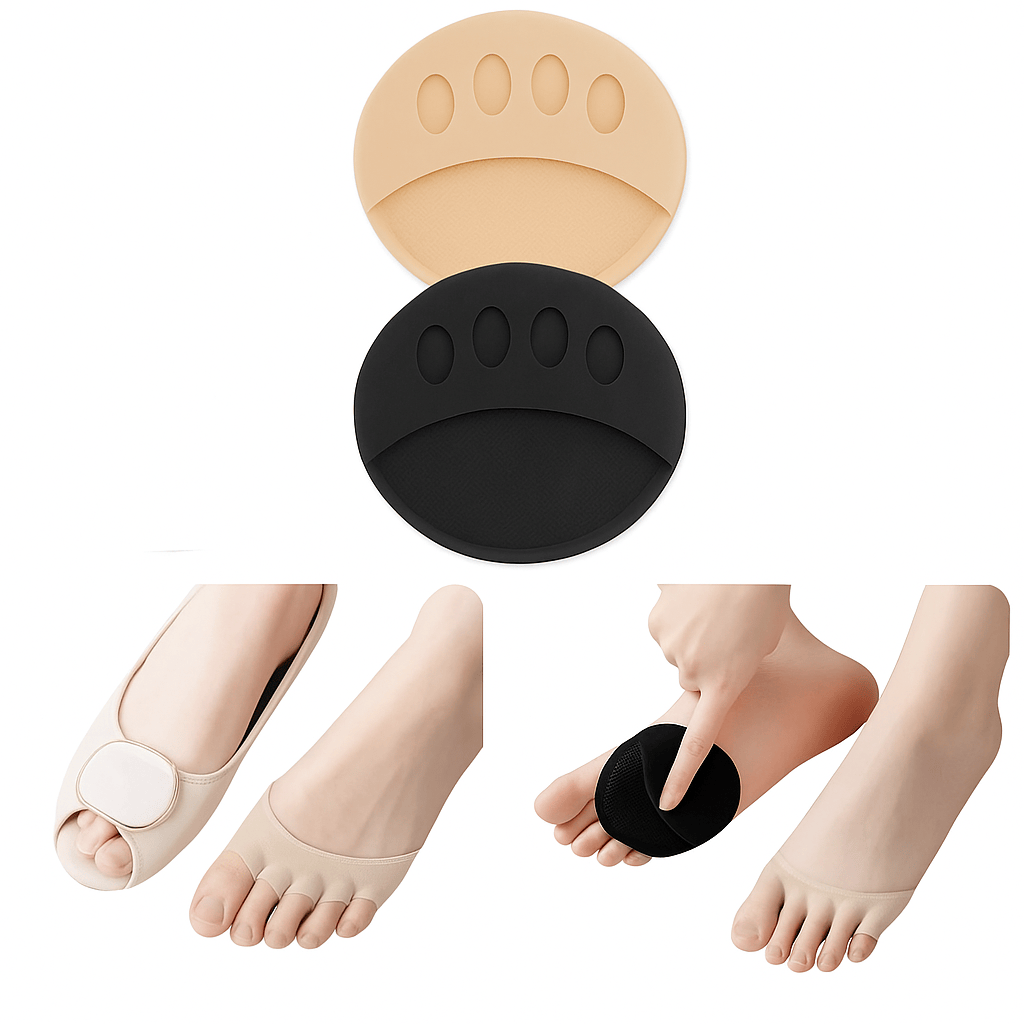 Fotdyna i mjuk silikon för framfoten, visad i svart och beige samt placerad i sko och direkt mot foten.