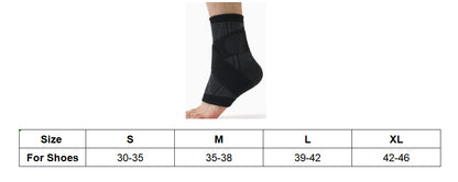 Storlekstabell för fotledsstöd med kompression och rekommenderade skostorlekar.