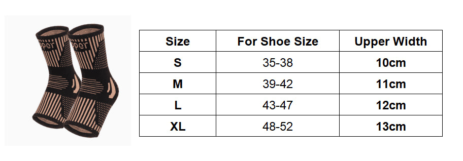 Storleksguide för fotledsstöd med kompression baserat på skostorlek.