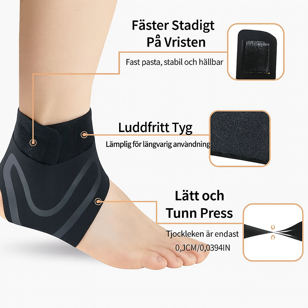 Fotledsstöd med kompression som visar fäste, luddfritt tyg och tunn design.