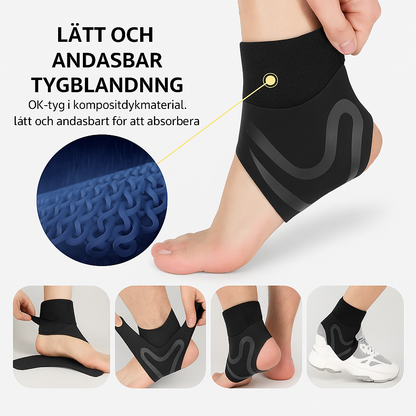 Fotledsstöd med andningsbart och lätt tyg, närbild på material och hur stödet tas på