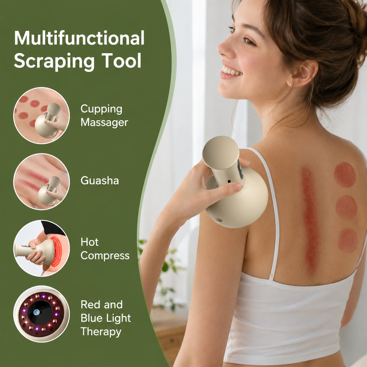Kvinna som använder elektrisk Gua Sha- och koppningsmassageapparat med värme och röd/blå ljusterapi för muskelavslappning och massage av rygg och nacke.