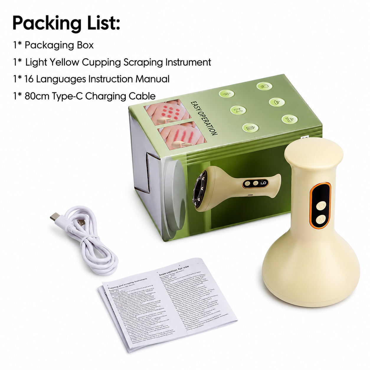 Förpackningsinnehåll för elektrisk koppnings- och gua sha-massageapparat med USB-C-kabel och användarmanual.