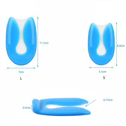 Storleksbild av hälkopp i silikon med avlastningszon som visar mått för storlekarna S och L.