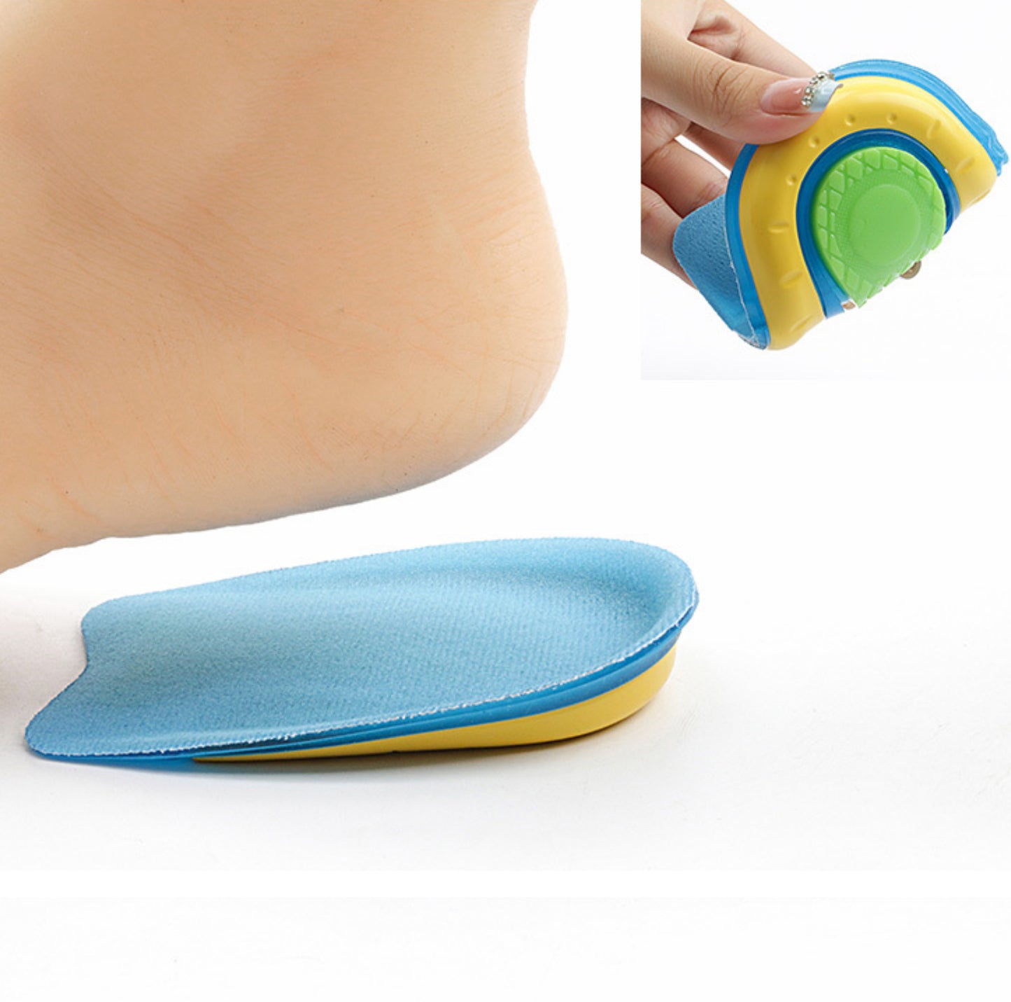 Hälkudde för hälsporre med stötdämpande gel, visad under hälen och böjd för att visa flexibilitet.