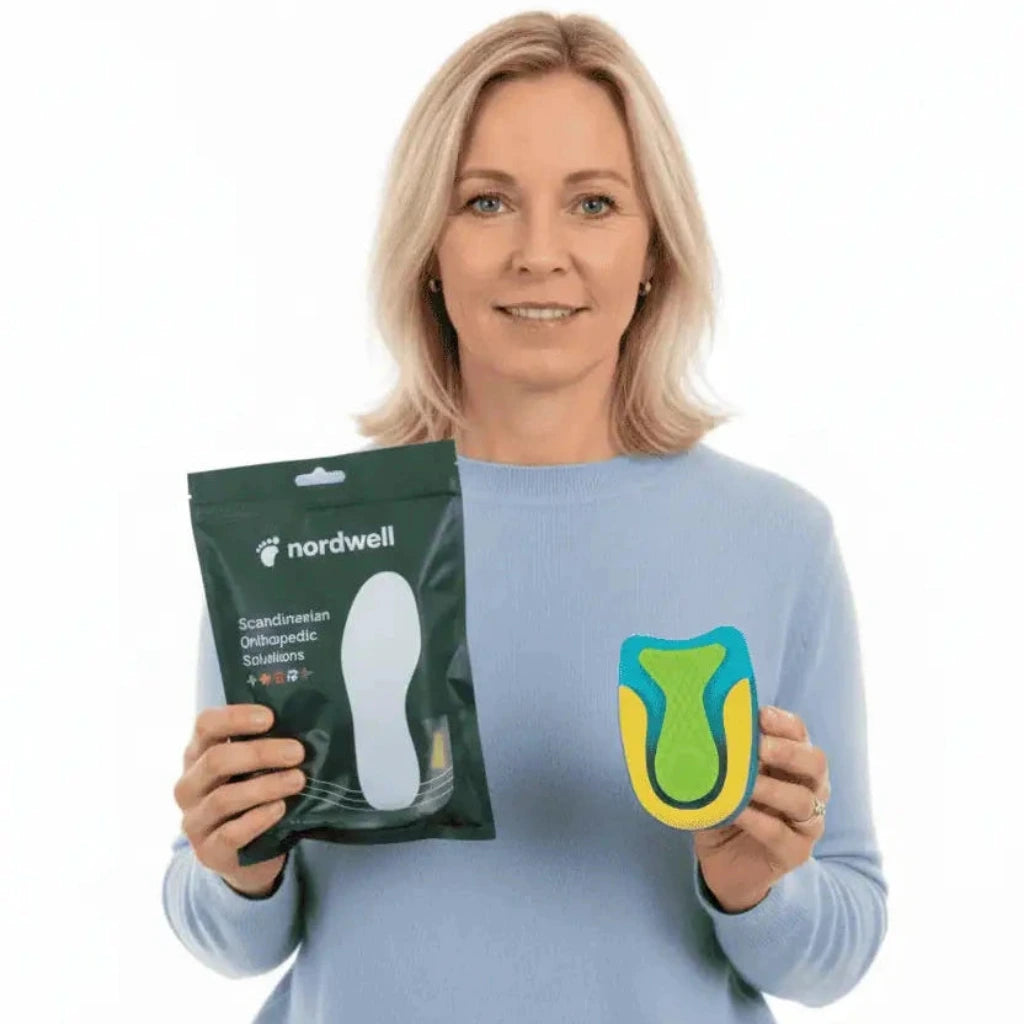Hälkuddar i gel mot hälsporre från NordWell, visade tillsammans med förpackning