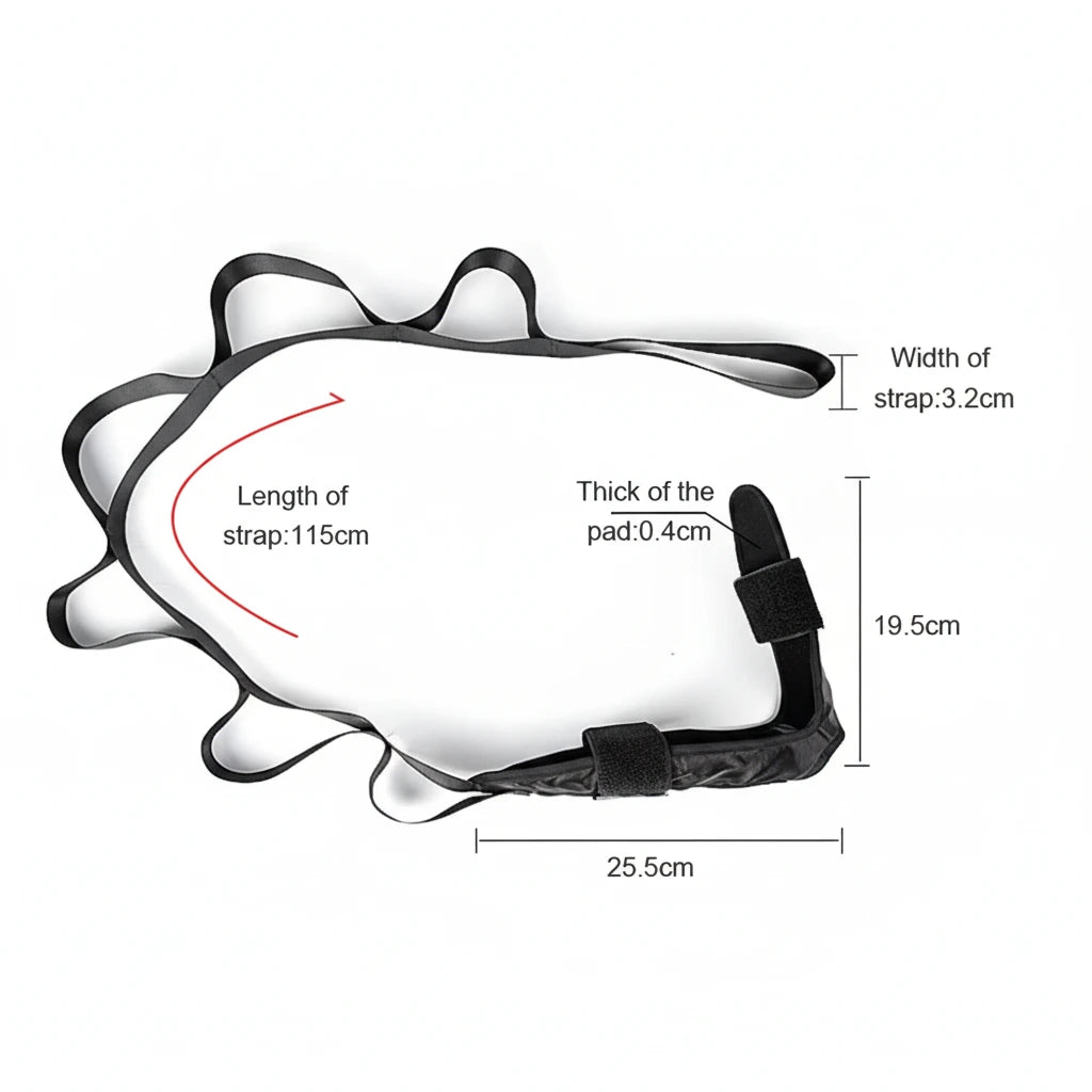 Justerbart stretchband mot hälsporre med mått och vadderat stöd.