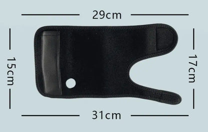 Storleksbild av justerbart handledsstöd med tumöppning och måttangivelser.