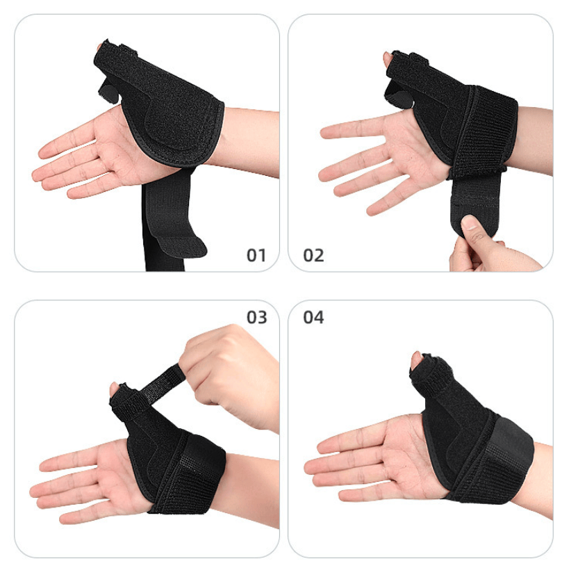 Handledsstöd med tumstöd visat hur man tar på den