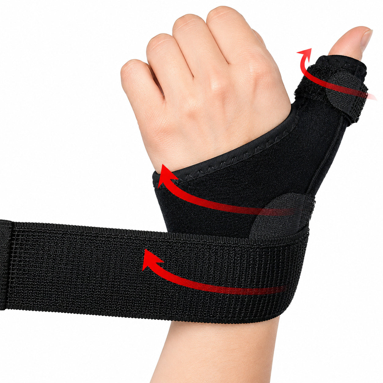 Handleds- och tumstöd med justerbar kompressionsrem för stabilitet, stöd och avlastning av handled och tumled.