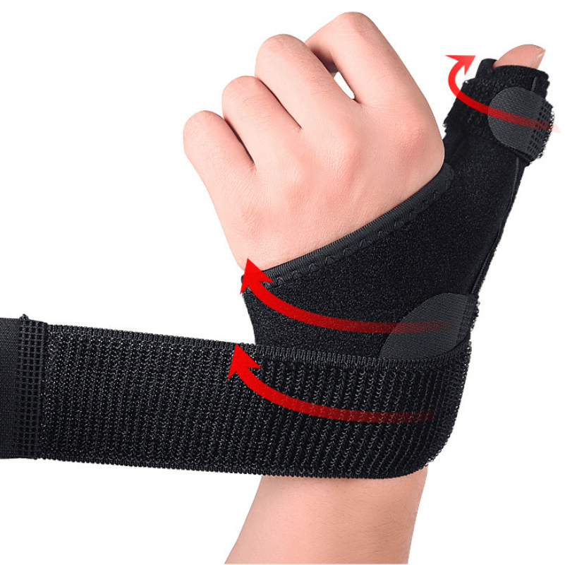 Handledsstöd med tumstöd som lindas runt handleden, med illustrerade pilar som visar justerbar kompression och stöd runt handled och tumme