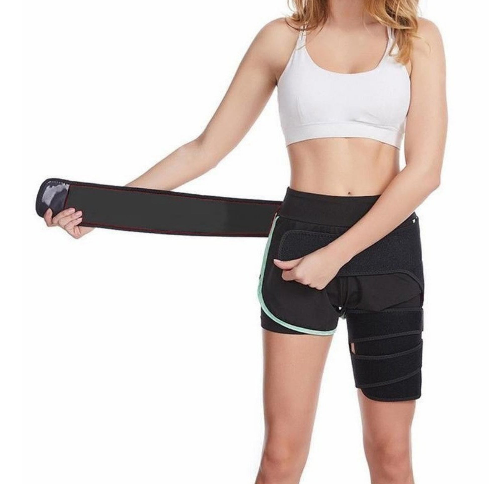 Höftstöd i neopren med justerbar rem, visat på kropp vid påtagning.