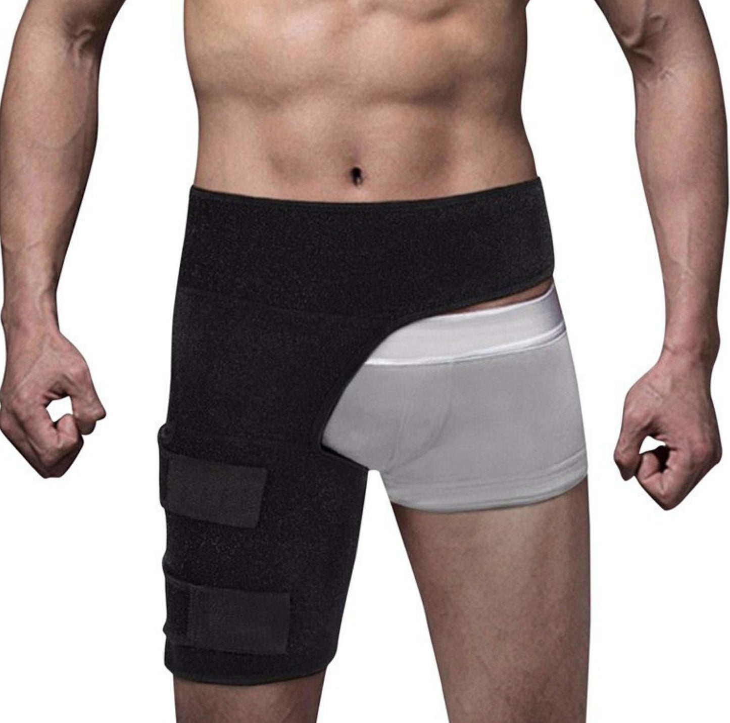 Höftstöd i neopren med justerbara remmar, visat på kroppen från framsidan.