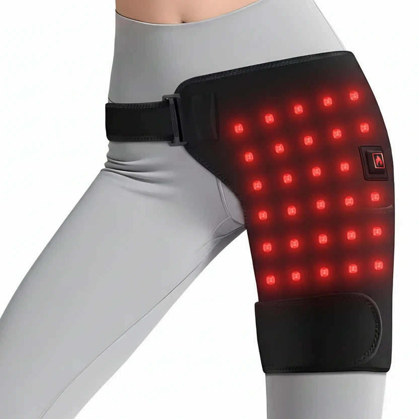 Höftvärmare med värme och massage placerad runt höften