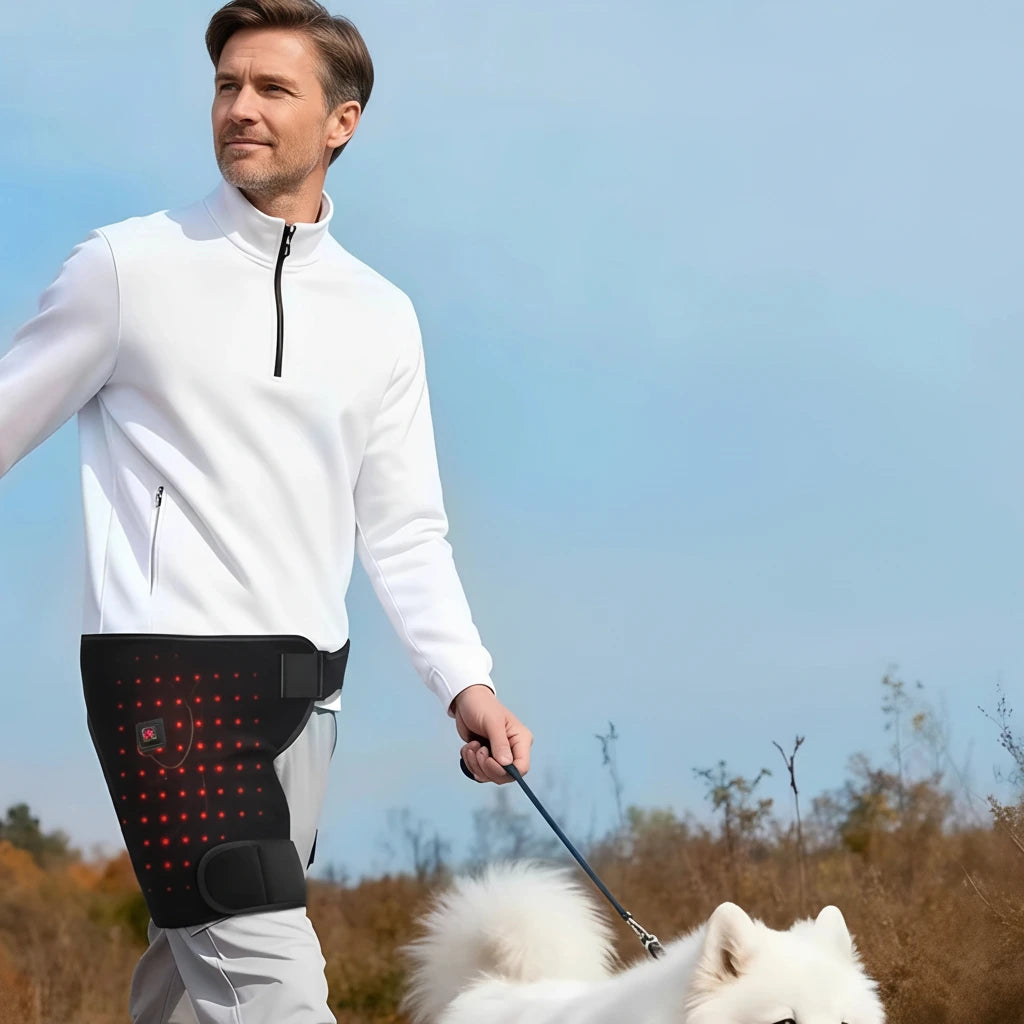 Man som promenerar utomhus med hund och bär värmande höftskydd med rödljusterapi.