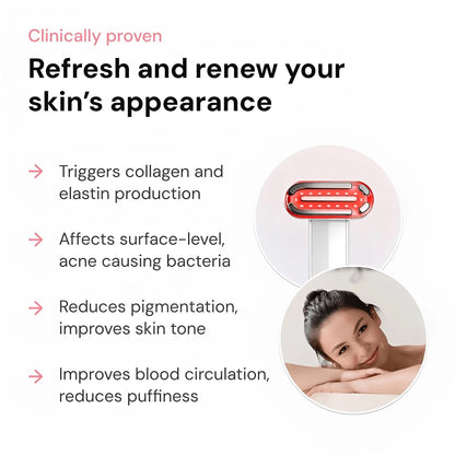 Hudvårdsapparat med röda ljuspunkter avbildad tillsammans med person i viloposition