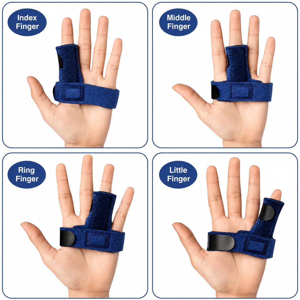 Justerbar fingerskena med aluminiumstöd som kan användas på pekfinger, långfinger, ringfinger och lillfinger för stabilisering och stöd.