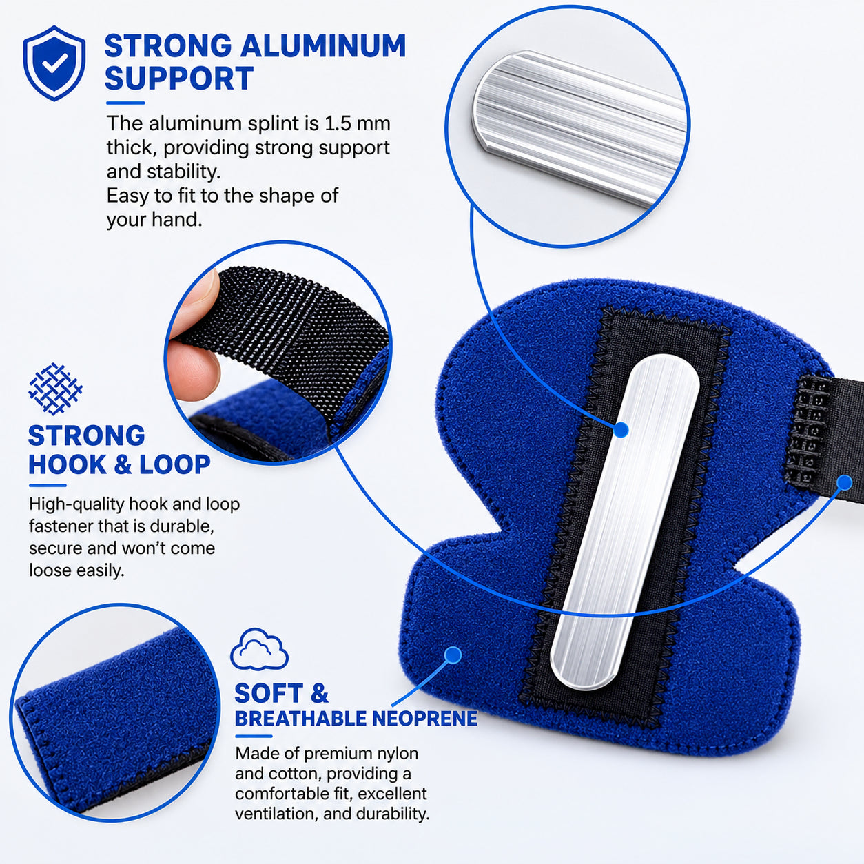 Justerbar fingerskena med aluminiumstöd, stark kardborrefästning och ventilerande neopren för stabilisering och stöd vid fingerskador.