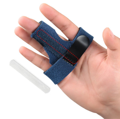 Justerbar fingerskena med aluminiumstöd, visad på hand med löstagbart aluminiumstag bredvid.