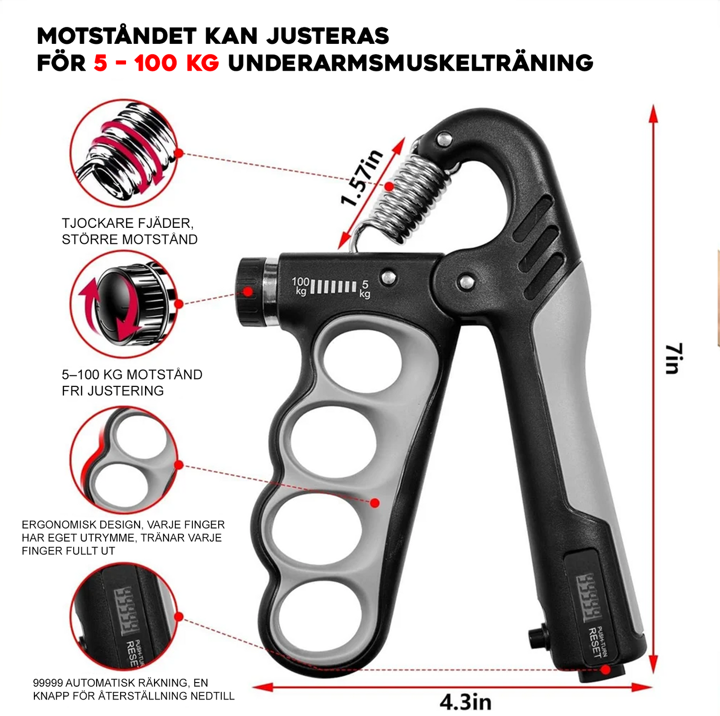 Justerbar handtränare med räknare med 5-100kg motstånd.