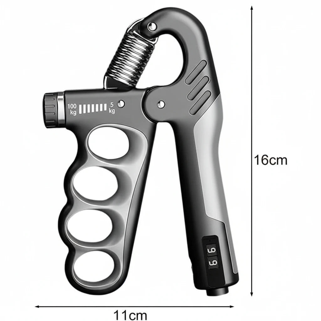 Justerbar handtränare med räknare för styrketräning av hand och underarm.