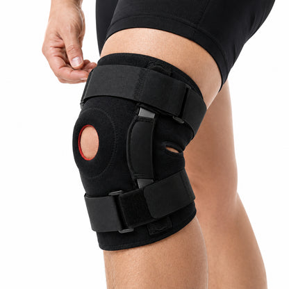 Justerbart knäskydd med öppen patella, sidostöd och stabiliserande spännband.