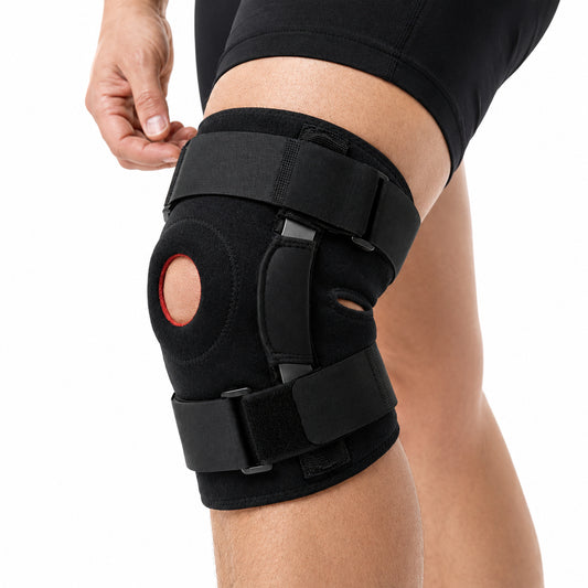 Justerbart knäskydd med öppen patella, sidostöd och stabiliserande spännband.