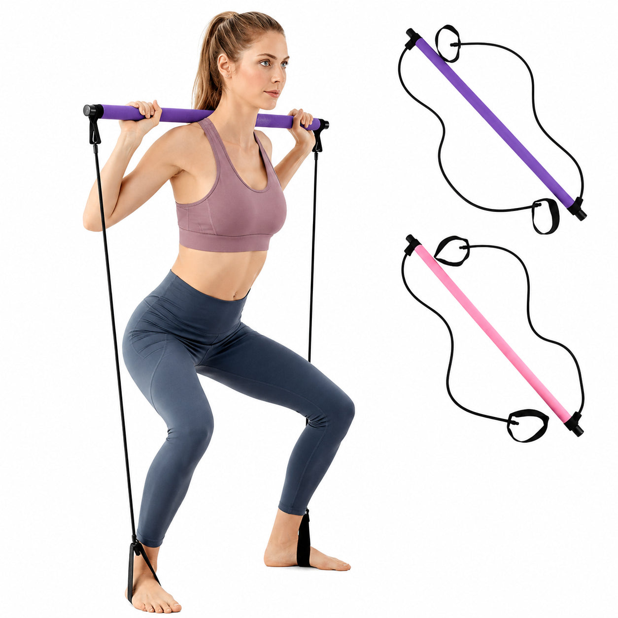 Person tränar med justerbar träningsstång och elastiska band.