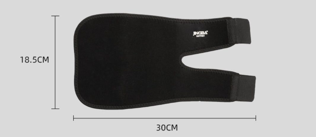 Justerbart armbågsstöd i neopren med måttangivelser för stabilisering och stöd vid armbågssmärta.