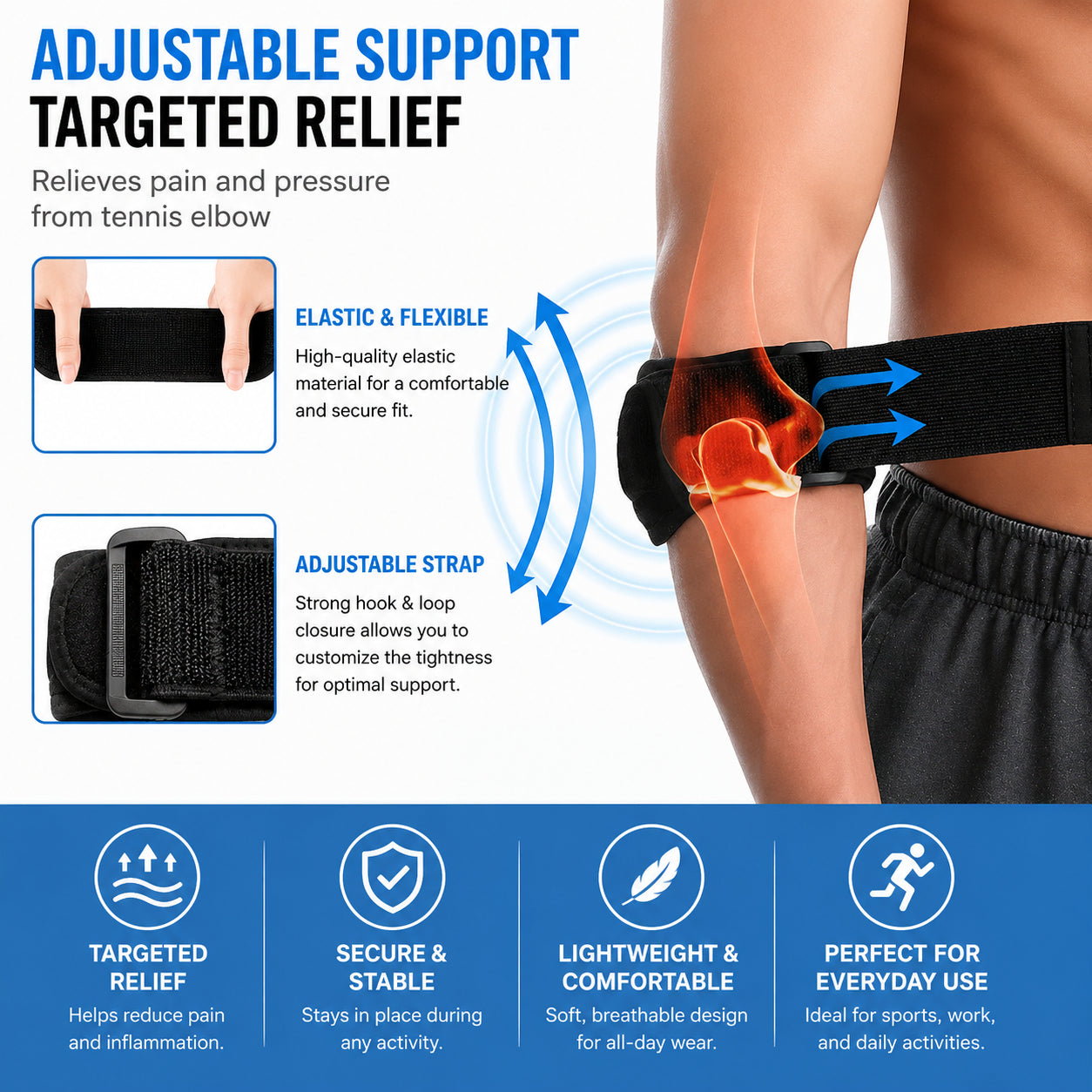 Justerbart armbågsstöd för tennisarmbåge med riktad kompression som avlastar senor, minskar smärta och ger stabilt stöd vid aktivitet och vardag.